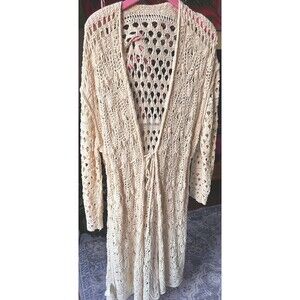 Free People Long Crochet Cardigan Duster Sweater Cream Size Large Boho Festival